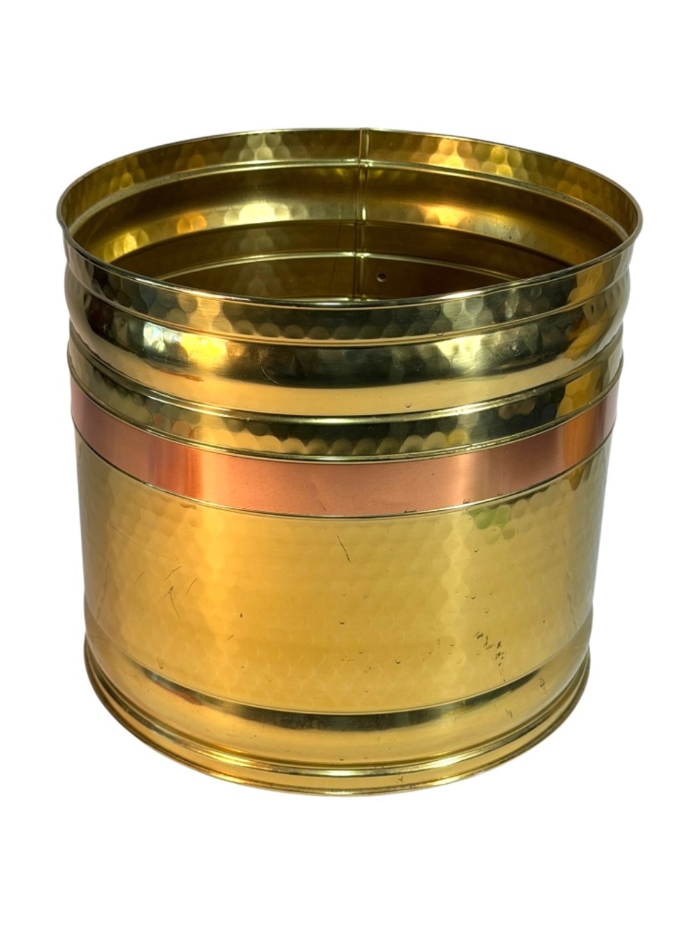 LARGE Vtg Bristol Hammered Brass Planter Cachepot w/ Copper Band 11" Tall
